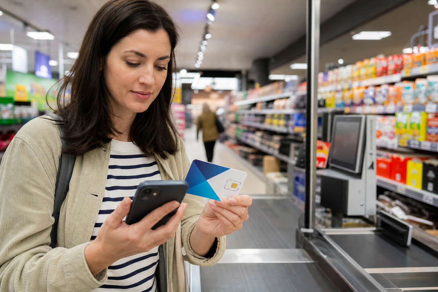 Market içinde prepaid SIM kartını telefonla aktifleştiren müşteri